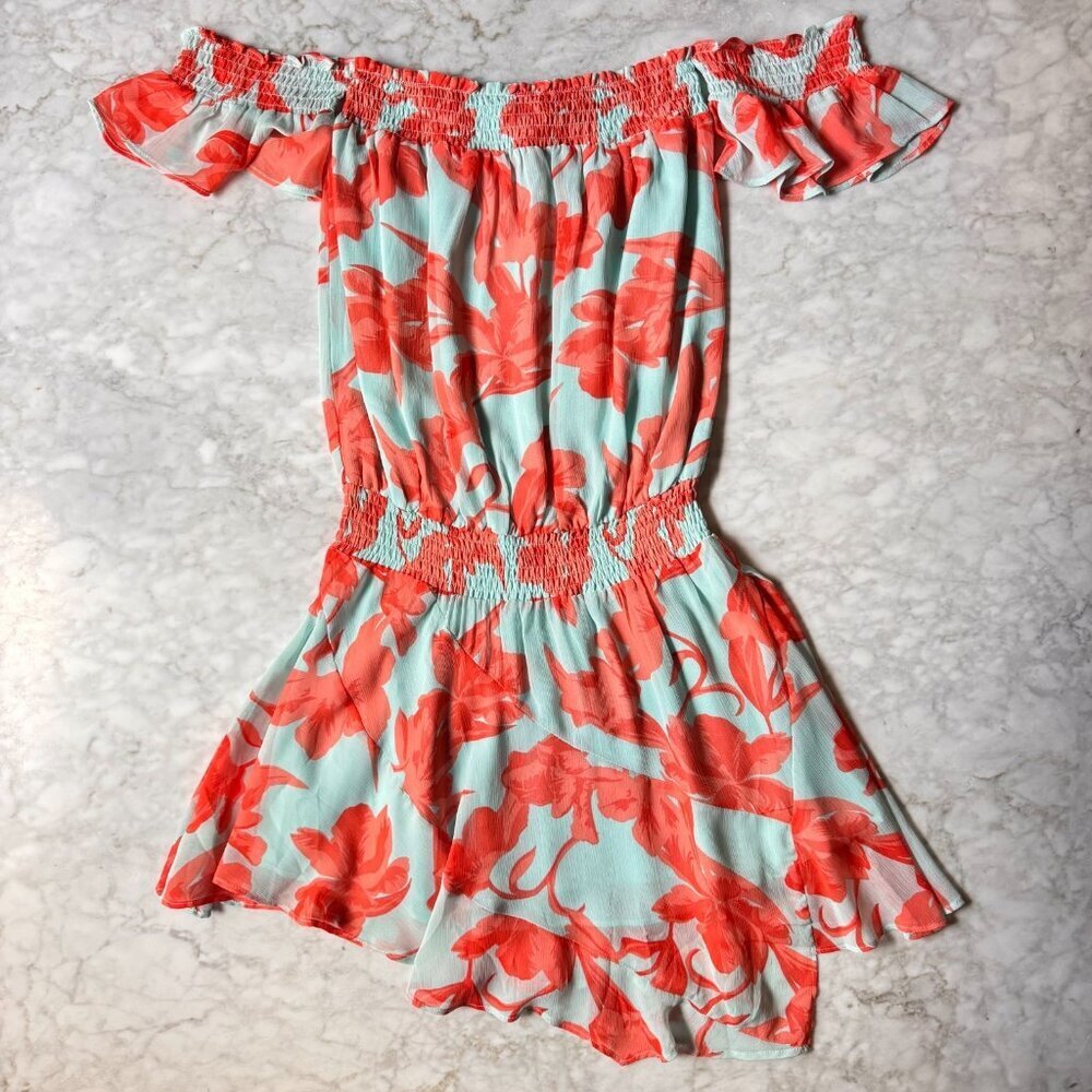Tropical Floral Off Shoulder Dress Coral & Aqua Smocked Waist Ruffle Boho Small